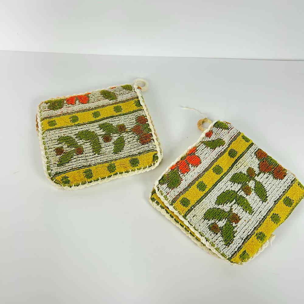 Vintage Handmade Chenille Pot Mats Pot Holder Boho Green Yellow Orange Kitchen
